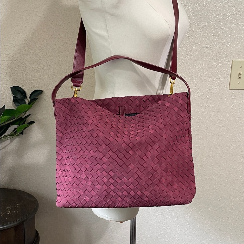 Burgundy faux, leather woven tote